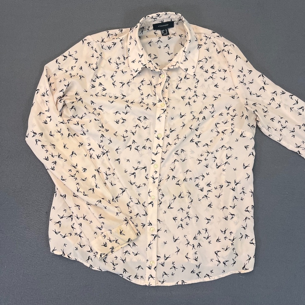Atmosphere Womens Sz 8 Button Up Bird Print Long Sleeve Collared Shirt‎ Animal
